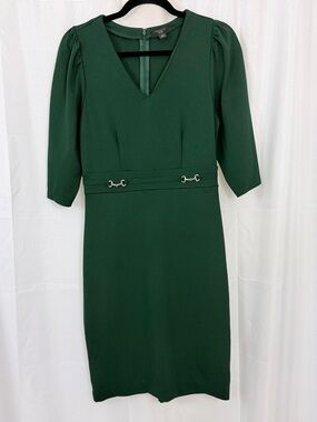 Emerald Green V-Neck Elbow Length Sleeves Sheath Dress with Belt Detail 4P NWOT